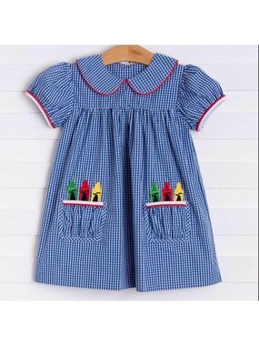 Girls' Blue Gingham Dress with Crayon Pocket Appliqués